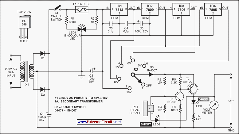 stablised power supply with short-circuit indication circuit schematic