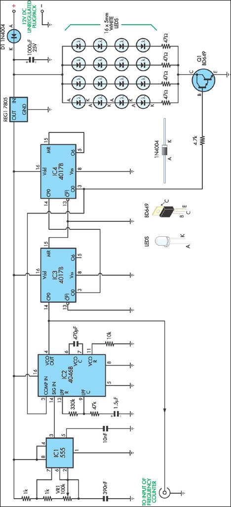 Stroboscope Uses White LEDs circuit schematic