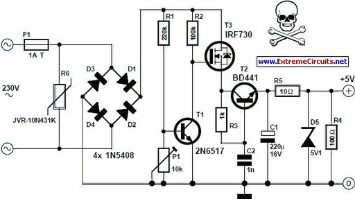 transformer less 5 volt power supply circuit schematic