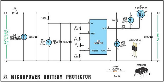 Versatile Micro Power Battery Protector Circuit Diagram