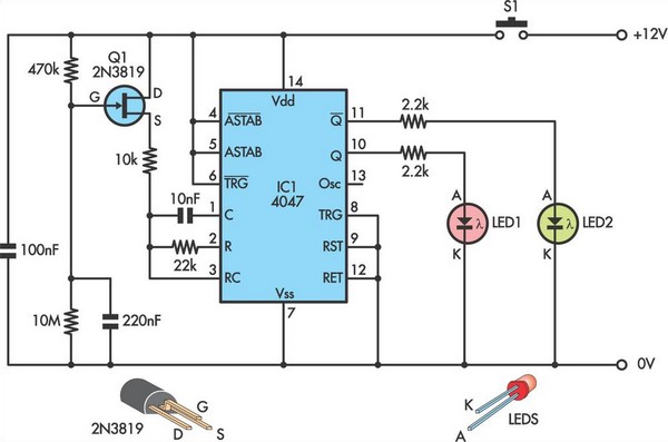 Yes-No indicator has zero standby current circuit schematic